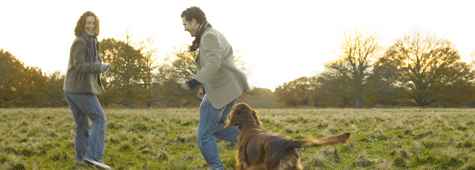 A mature couple run with a dog across a field — Central Quest is a premier matchmaking agency for divorced women